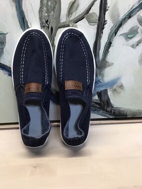 Women’s Navy Slip-On Casual Dock Loafer, Boat Shoes, Cotton Canvas, 12